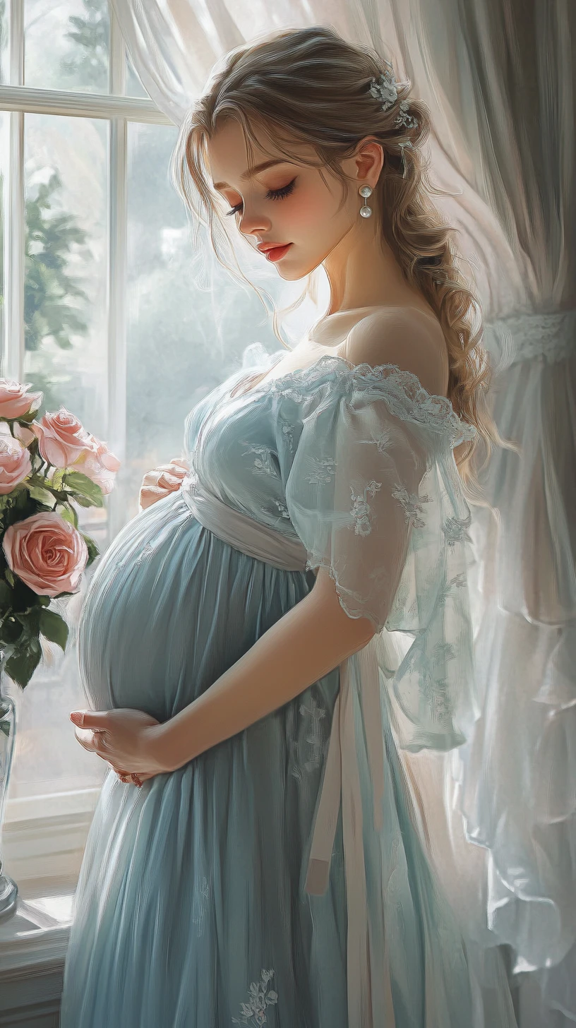 Pregnant woman in blue gown by a softly lit window