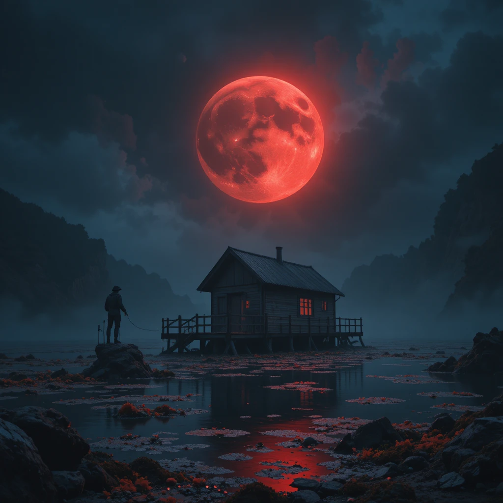 Paesaggio oscuro con ponte in rovina sotto una luna rossa