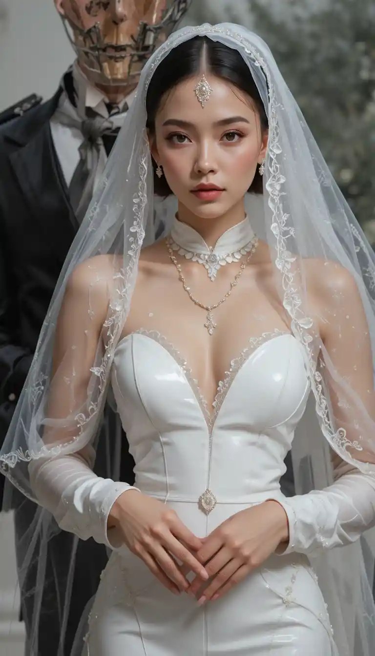 Bride in shiny white leather wedding dress with veil