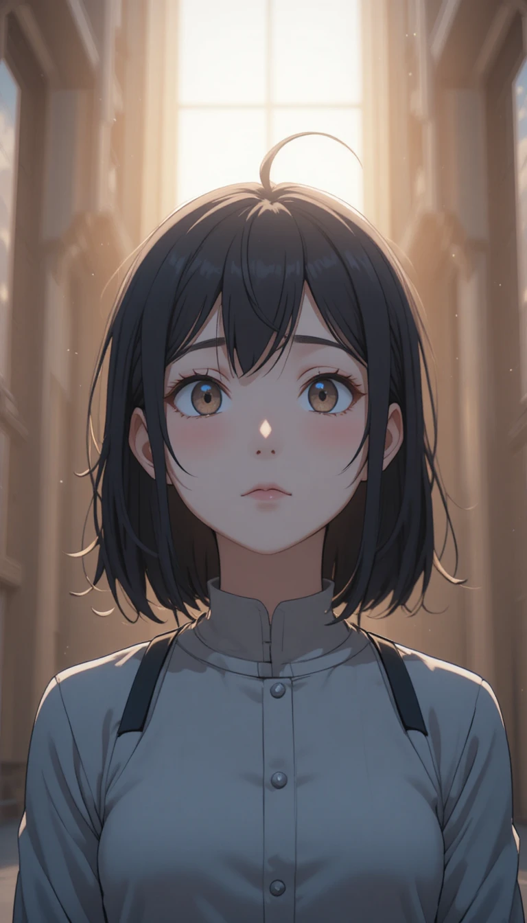 Femme réaliste façon anime, calme, face à une douce lumière naissante
