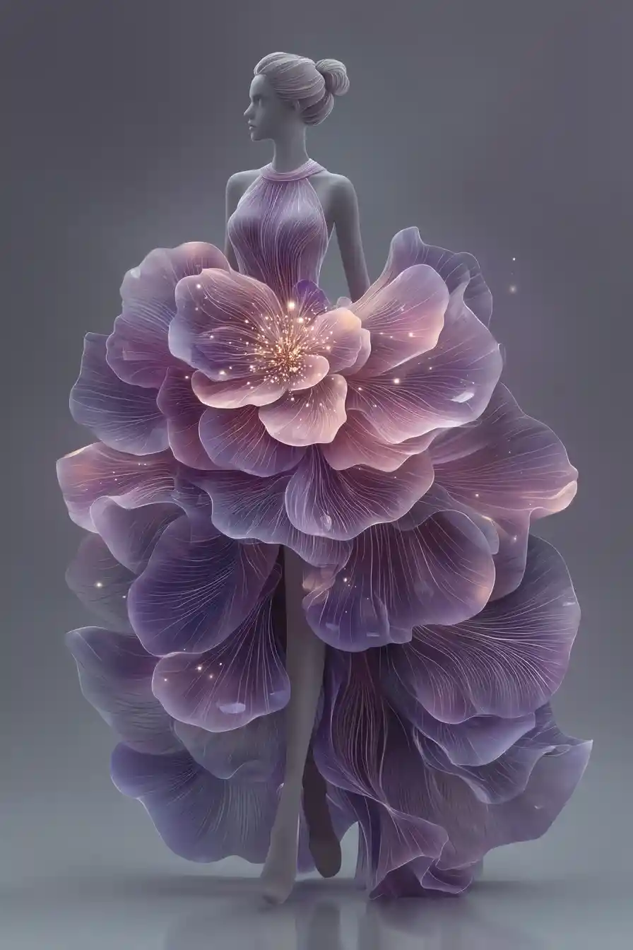 Zarte Modenschau-Illustration mit fließendem Orchideen-Kleid