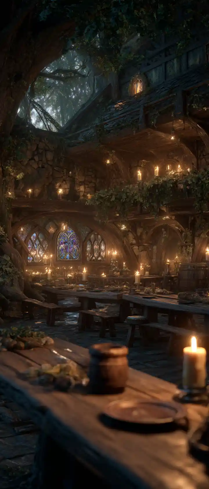 Banchetto nella Taverna della Foresta Incantata al Crepuscolo alla Calda Luce delle Candele