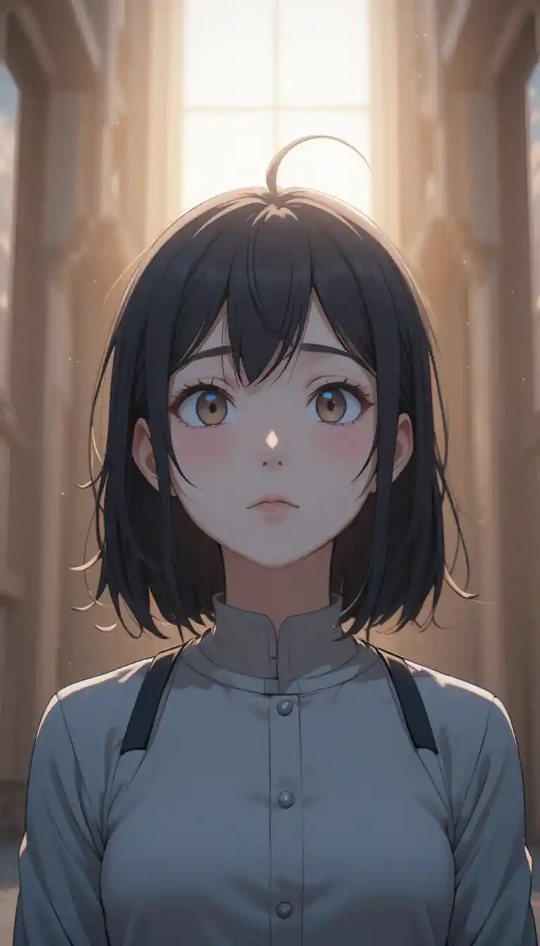 Calm anime realist woman facing a soft emerging light