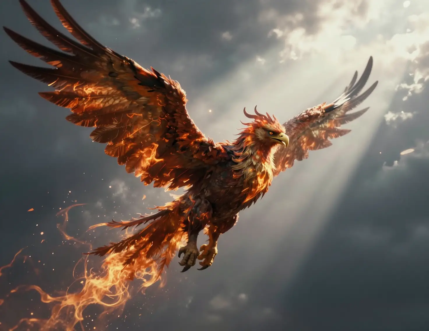 Mythical griffin phoenix hybrid flying through stormy sky