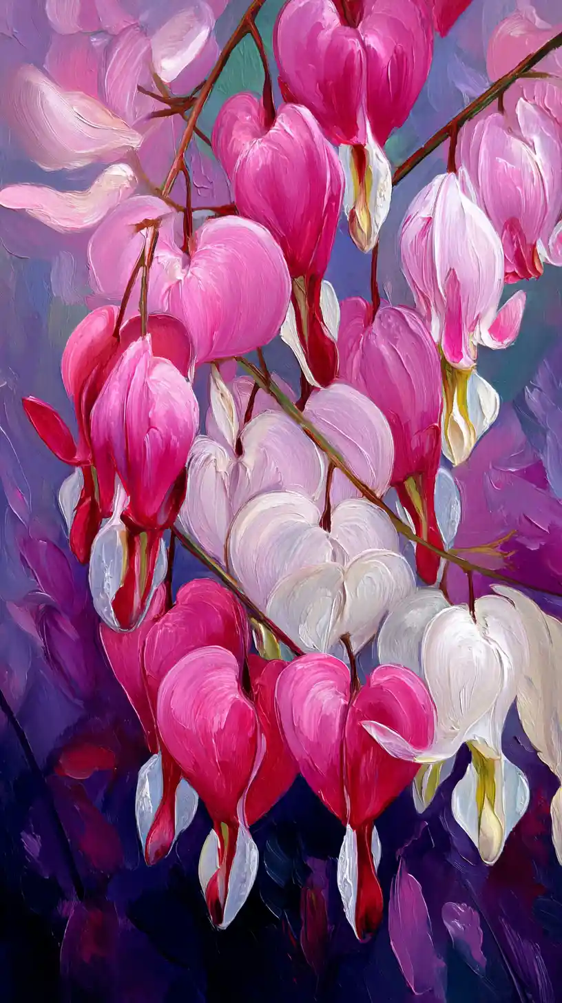 Romantic close up oil painting of bleeding heart flowers