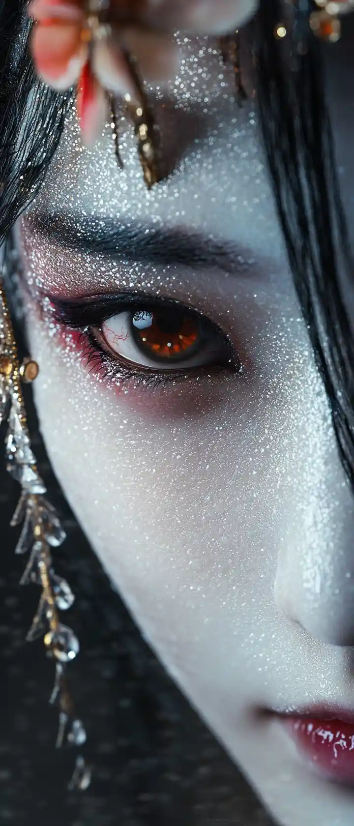 Macro portrait of a geisha face with intense eyes