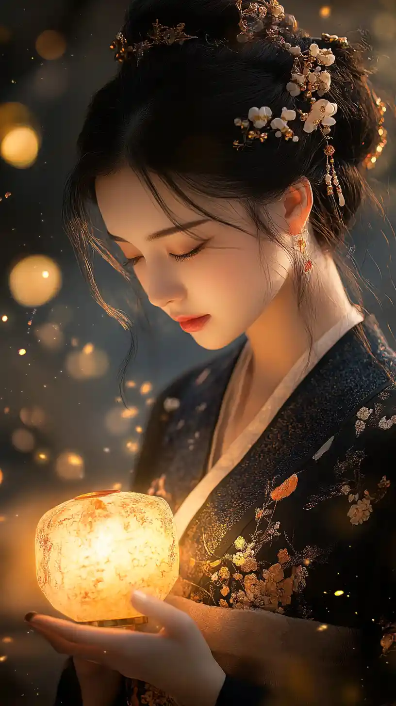 Donna in hanfu che tiene una lanterna luminosa di notte