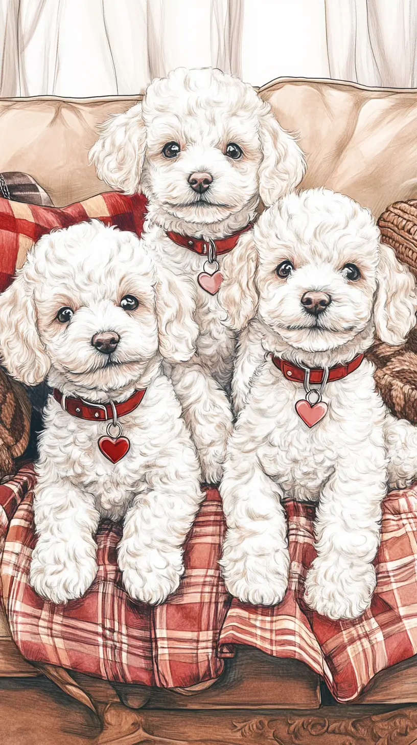 Three white poodle puppies on a cozy country sofa