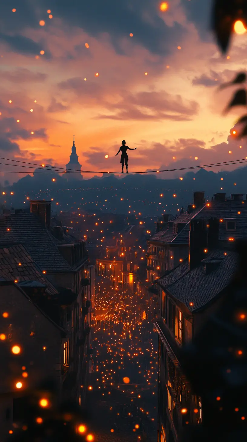 Tightrope walker above glowing city at sunset sky