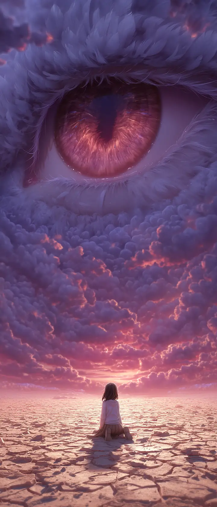 Anime girl in desert at twilight becoming feathers