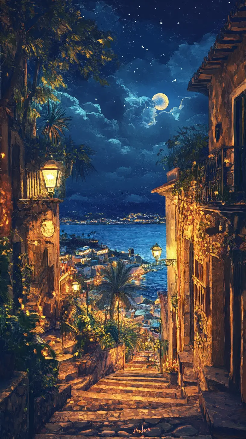 Watercolor night view of historic Puerto de la Cruz city