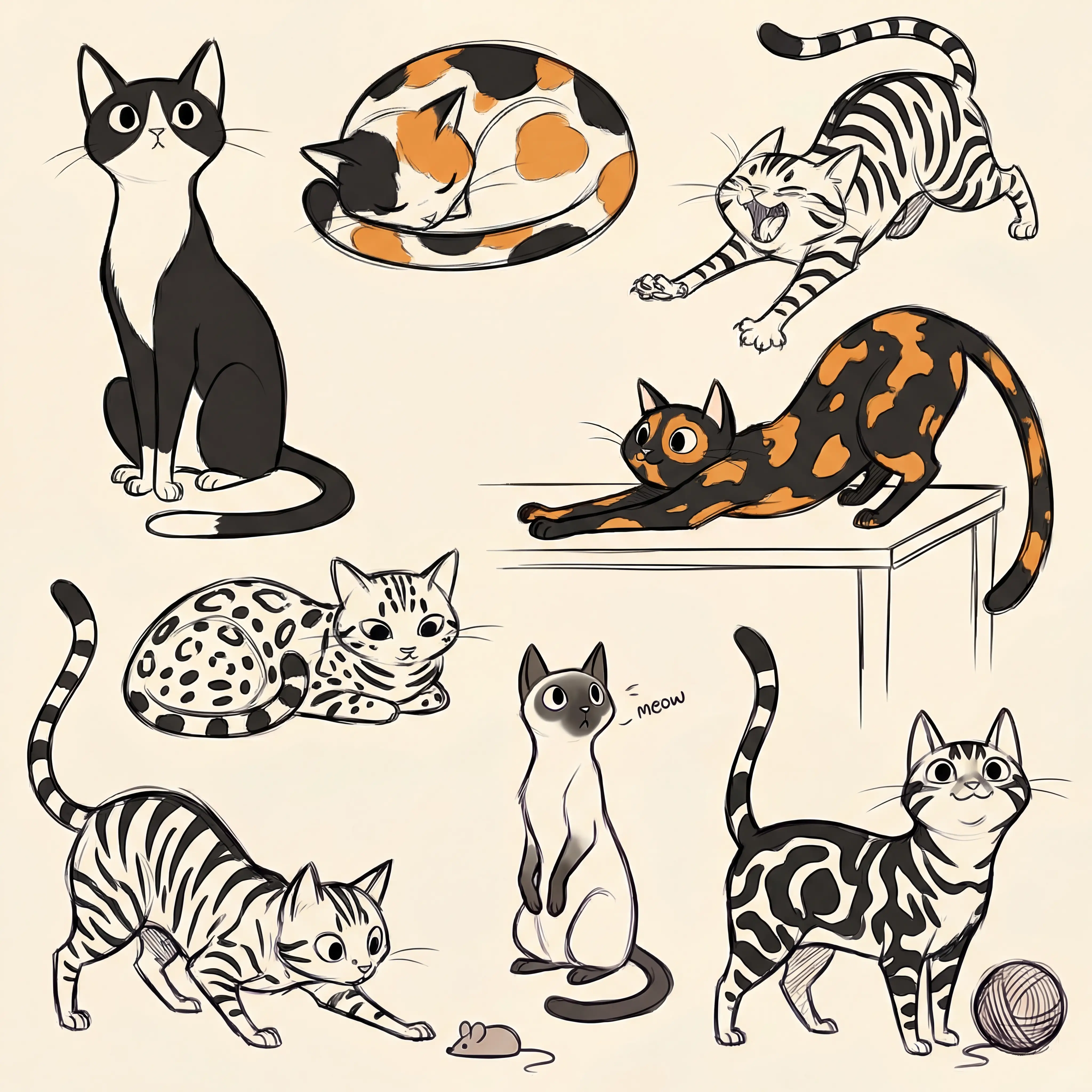 Black and white outline cats coloring page illustration