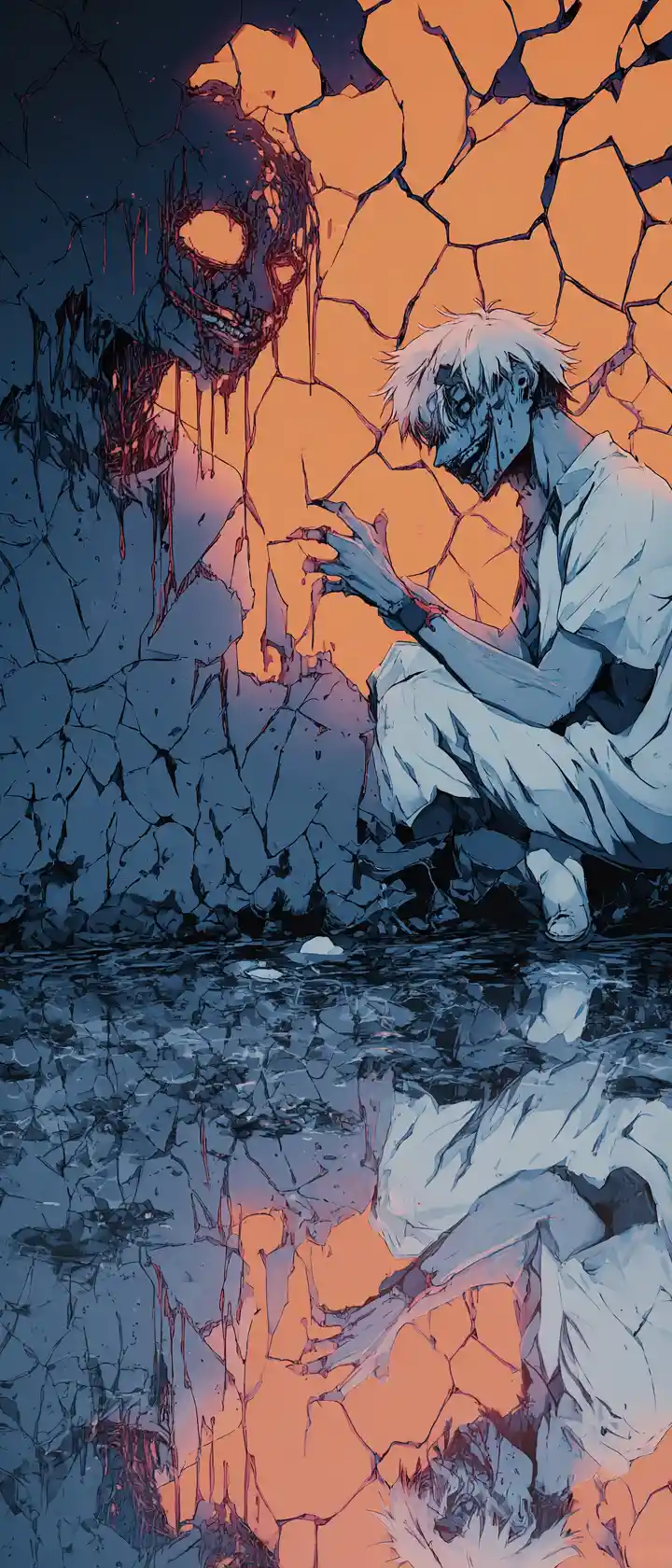 Schmelzender Anime-Mann neben einem rissigen Spiegelbild