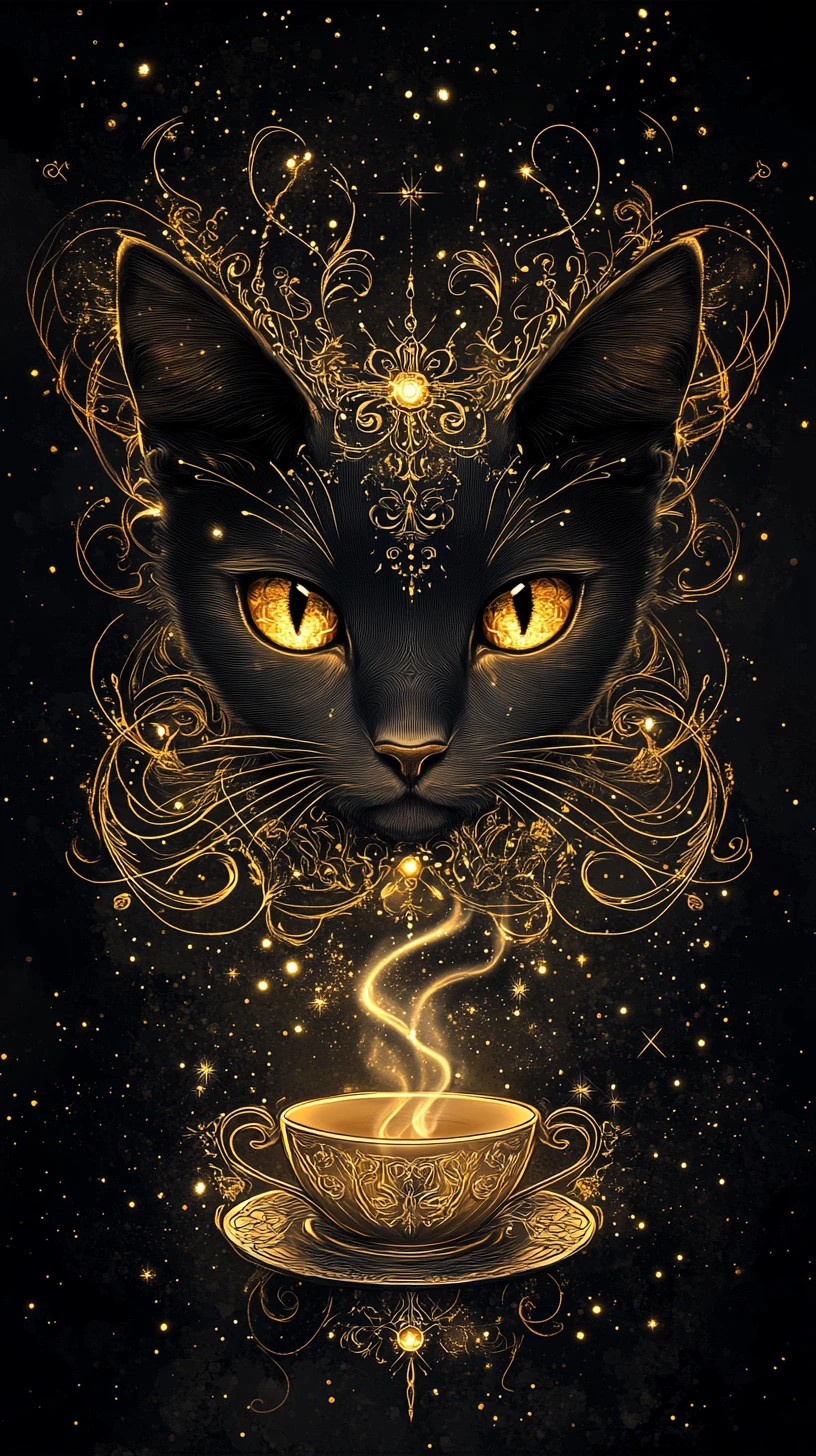 Mystical black cat portrait with glowing golden filigree details