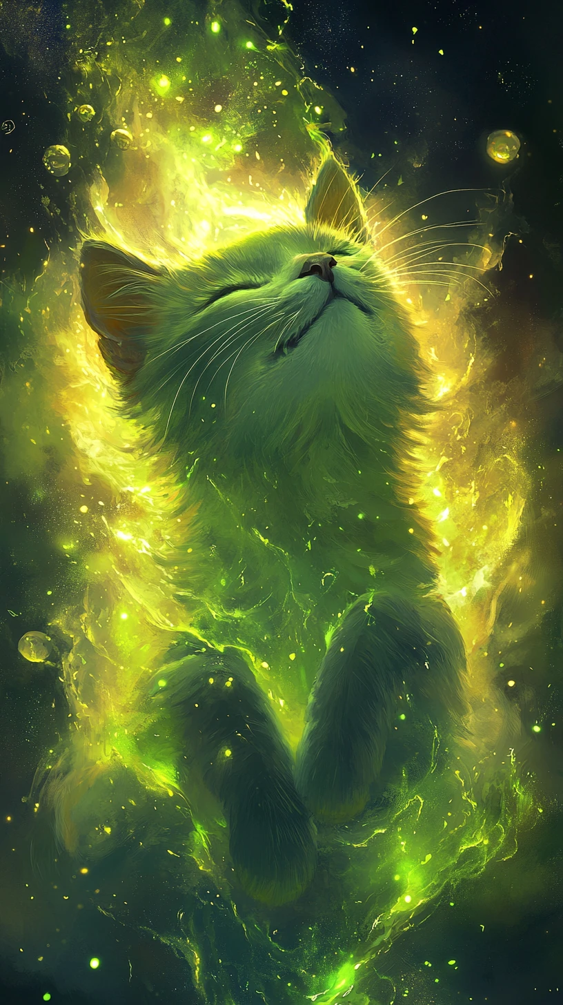 Fluffy gray cat smiling in a yellow green galaxy background