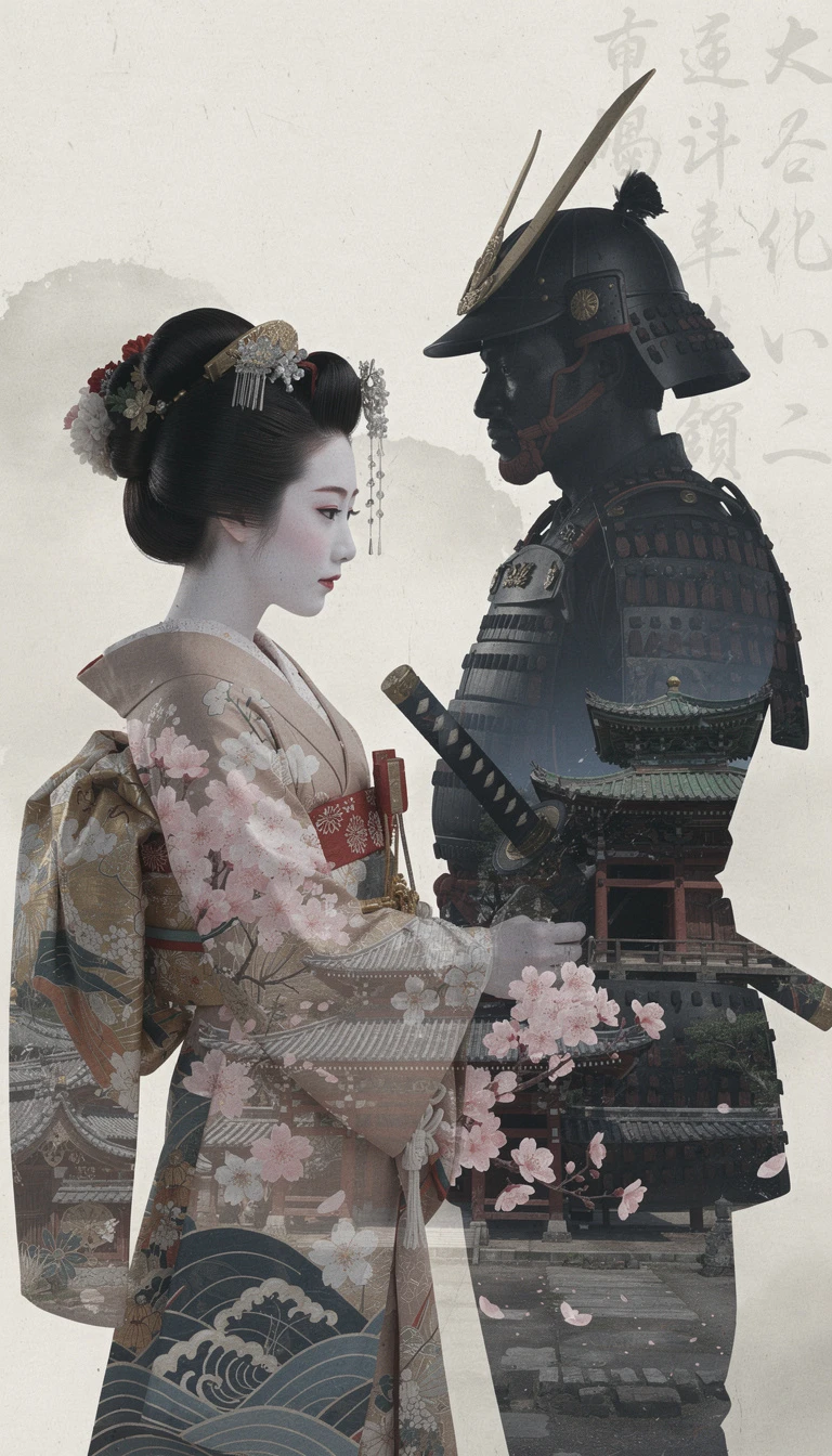 Silhouetten von Samurai und Geisha vor Kirschblütenkulisse