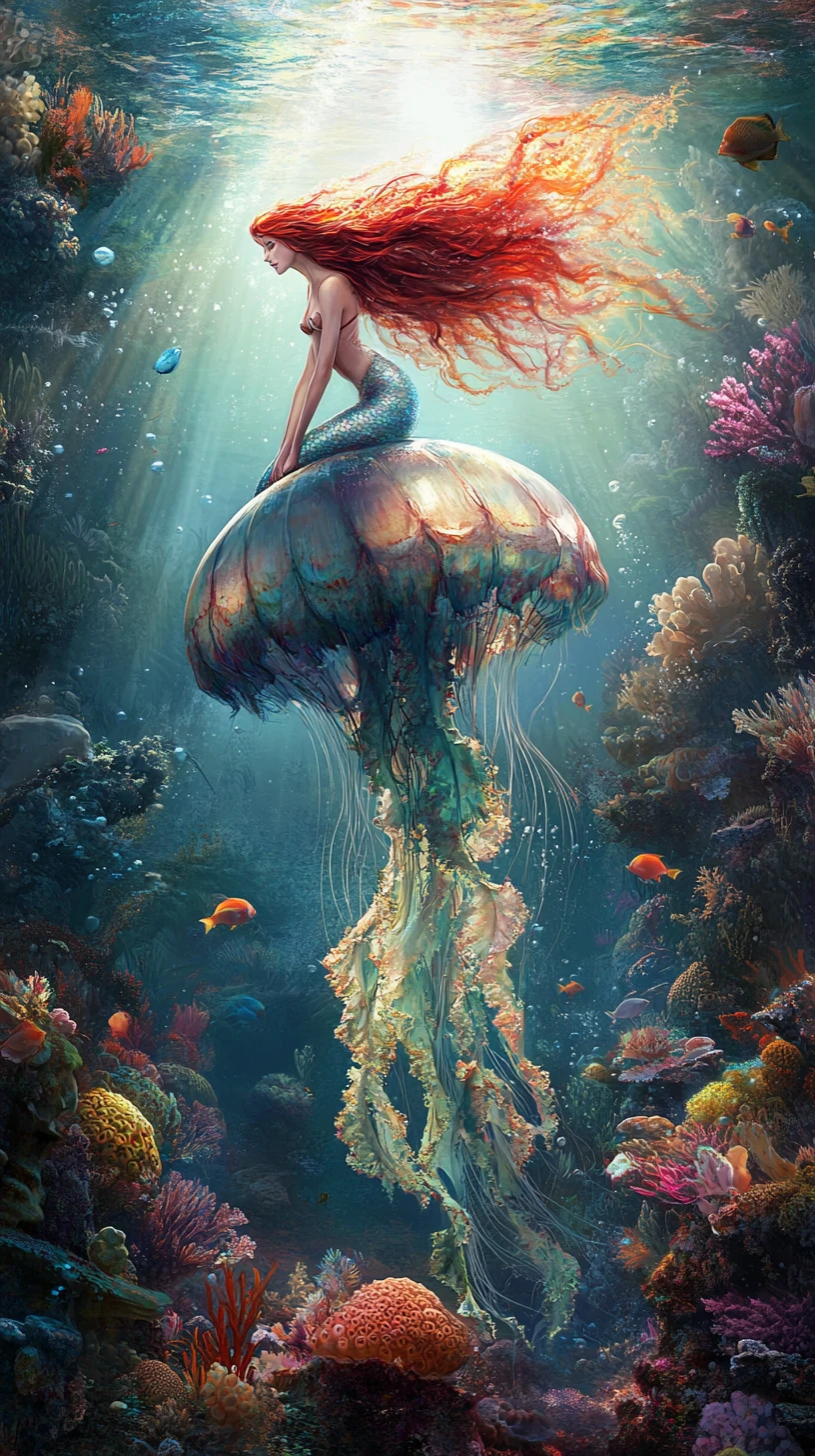 Mermaid Resting On A Giant Jellyfish In Sunlit Sea