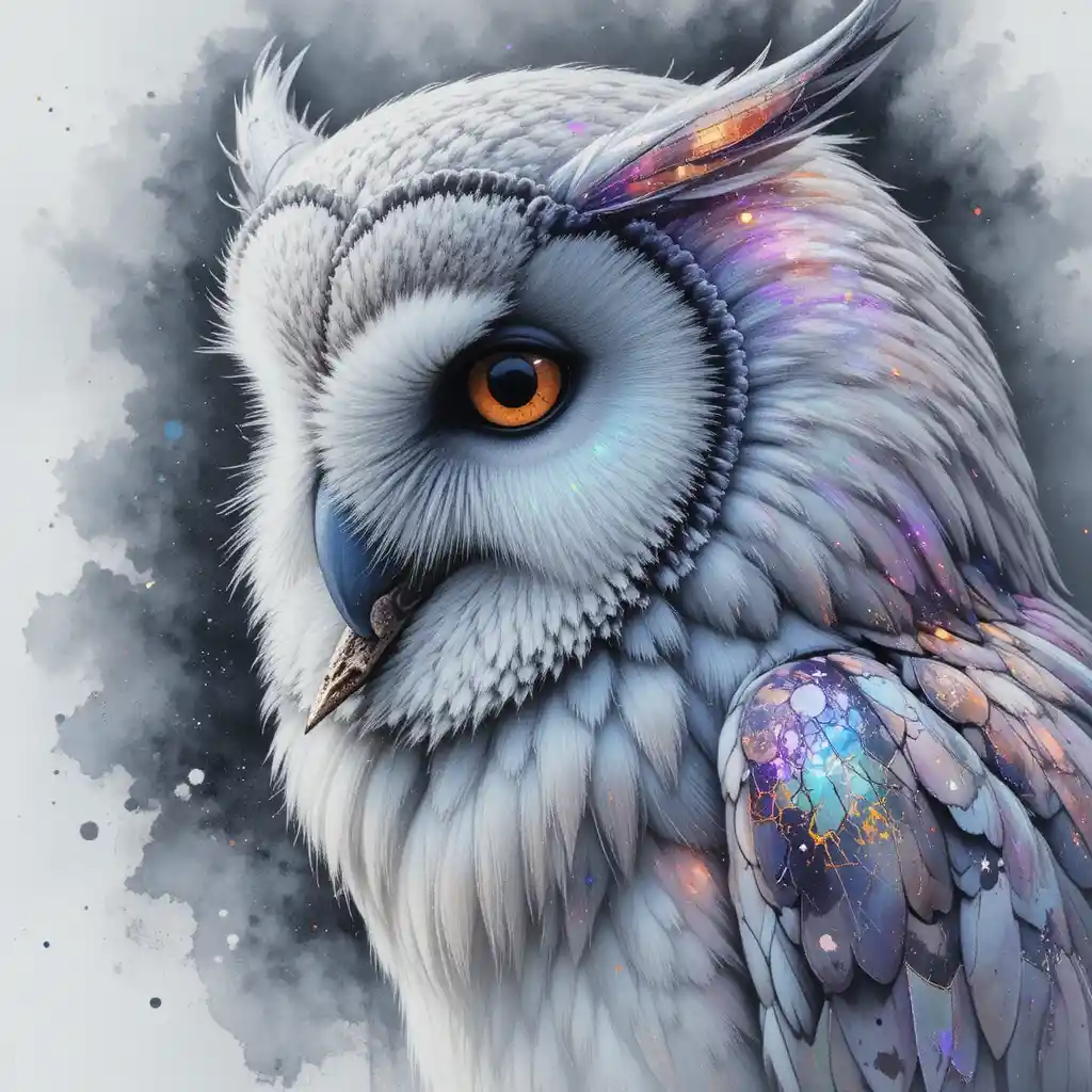 Watercolor portrait of a white owl in hunting focus