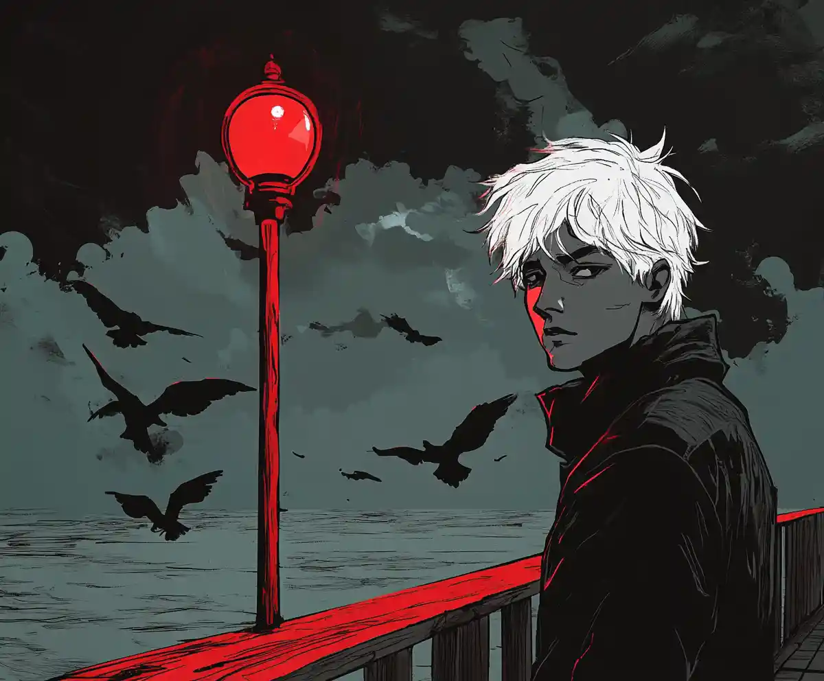Young man under red streetlight on moody wooden pier