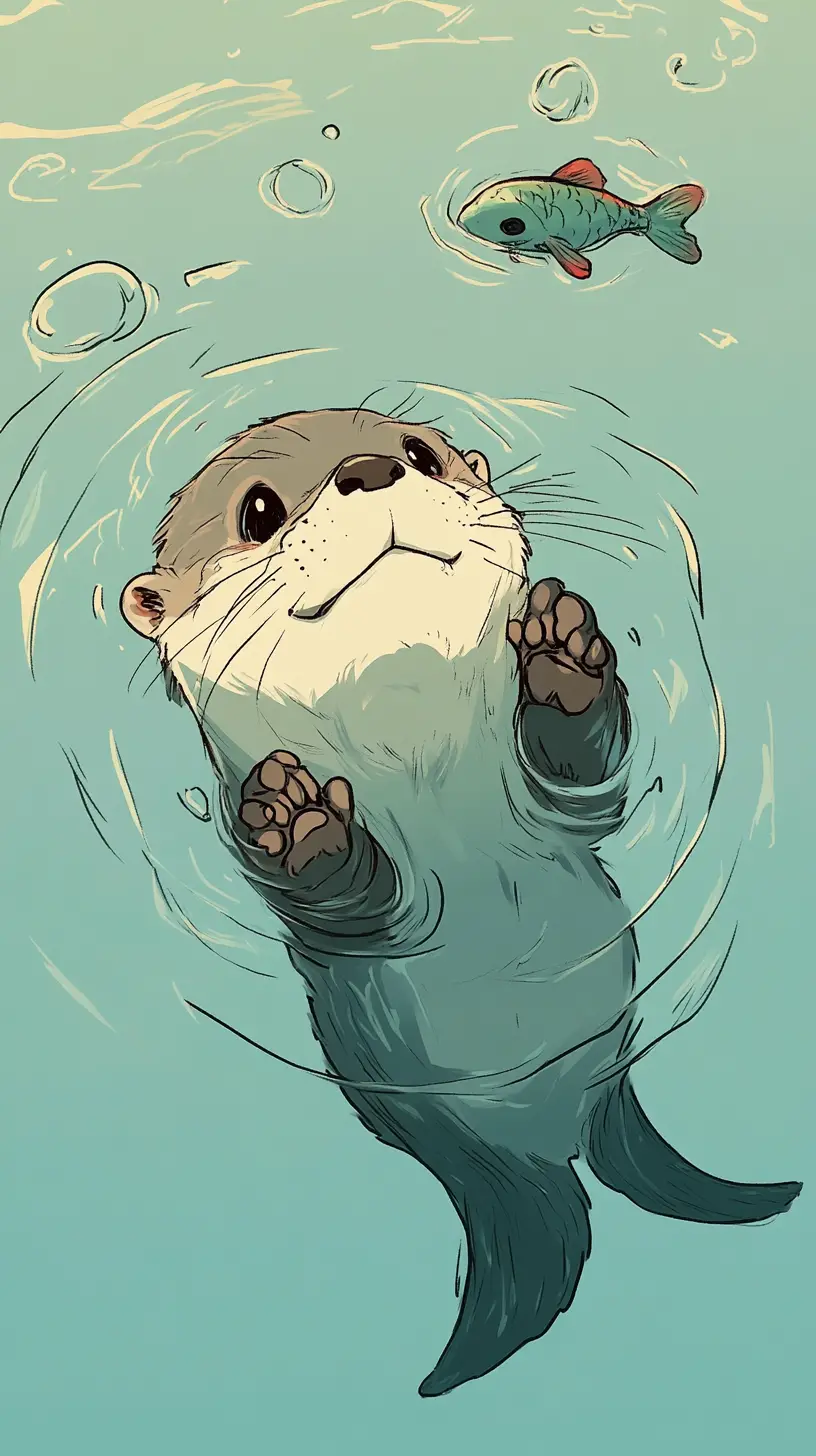 Gentle otter illustration floating on calm blue green water