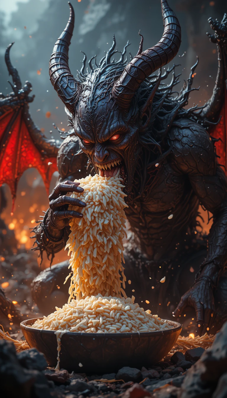 Grotesque demon devouring rotten rice in fiery hellscape