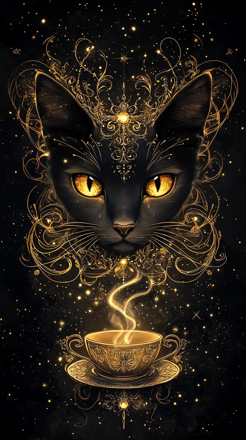 Mystical black cat portrait with glowing golden filigree details