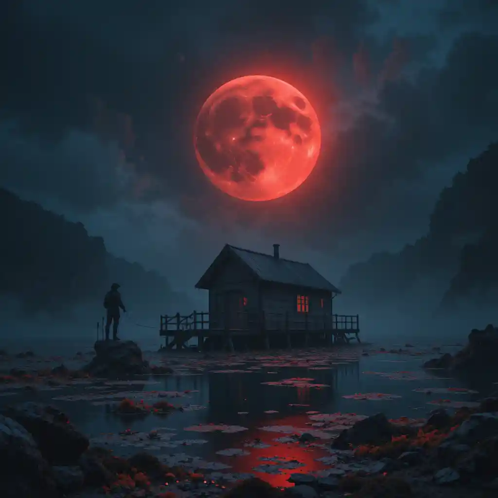 Paesaggio oscuro con ponte in rovina sotto una luna rossa