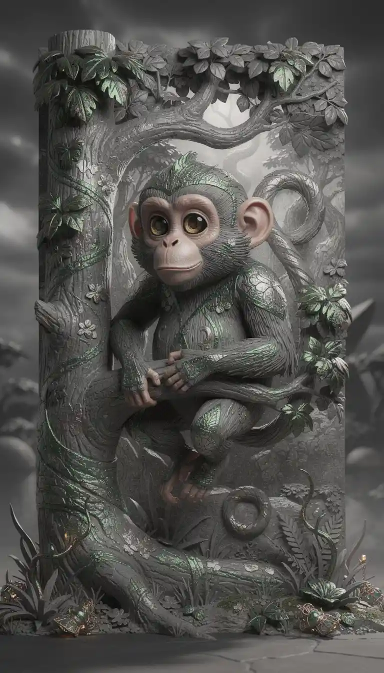 Retrato lúdico de macaco em uma floresta surreal e exuberante