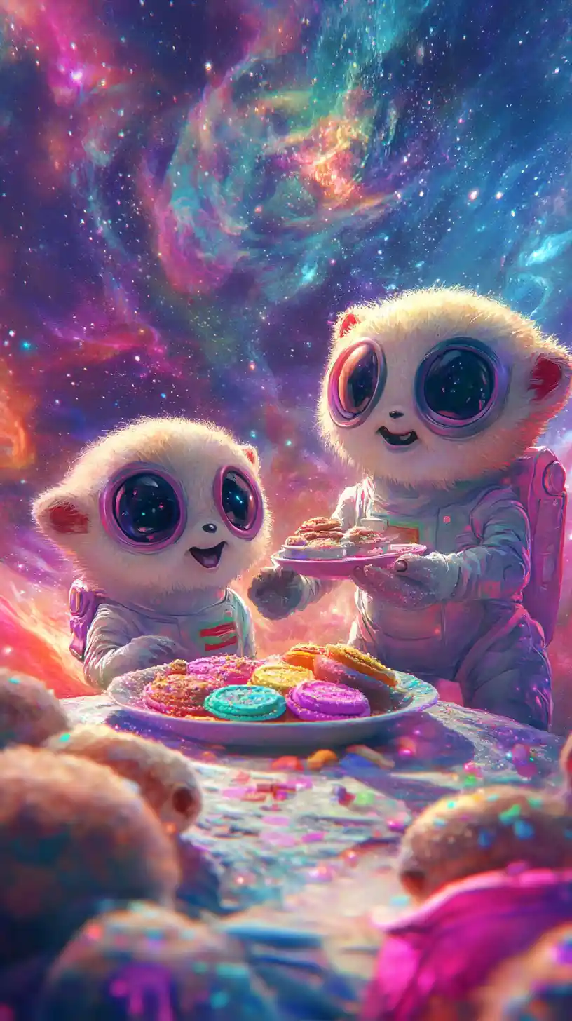 Cute aliens charmed by child with colorful treats