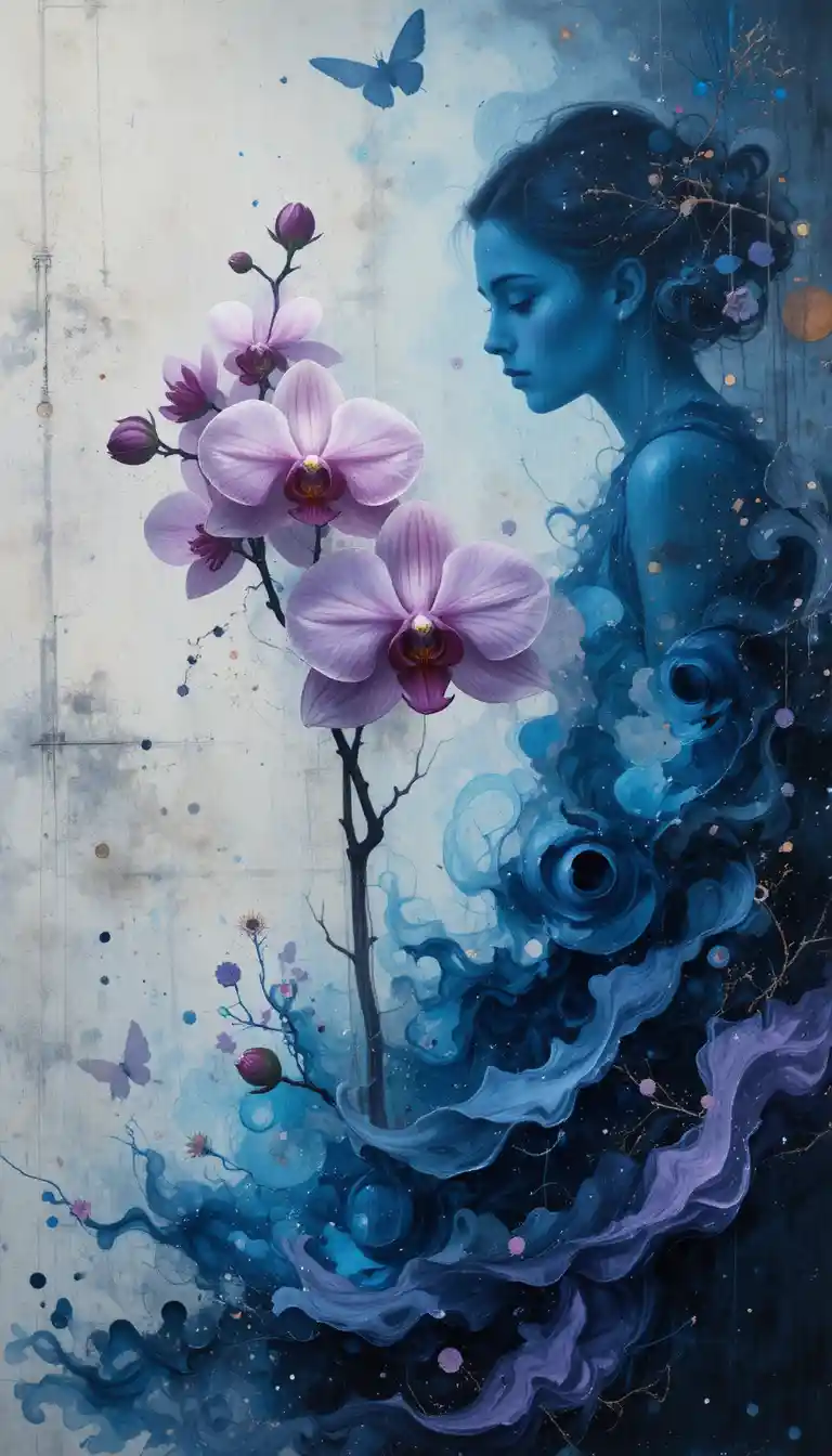 Orchidea surreale in mixed media sopra un mare blu e viola in vortice