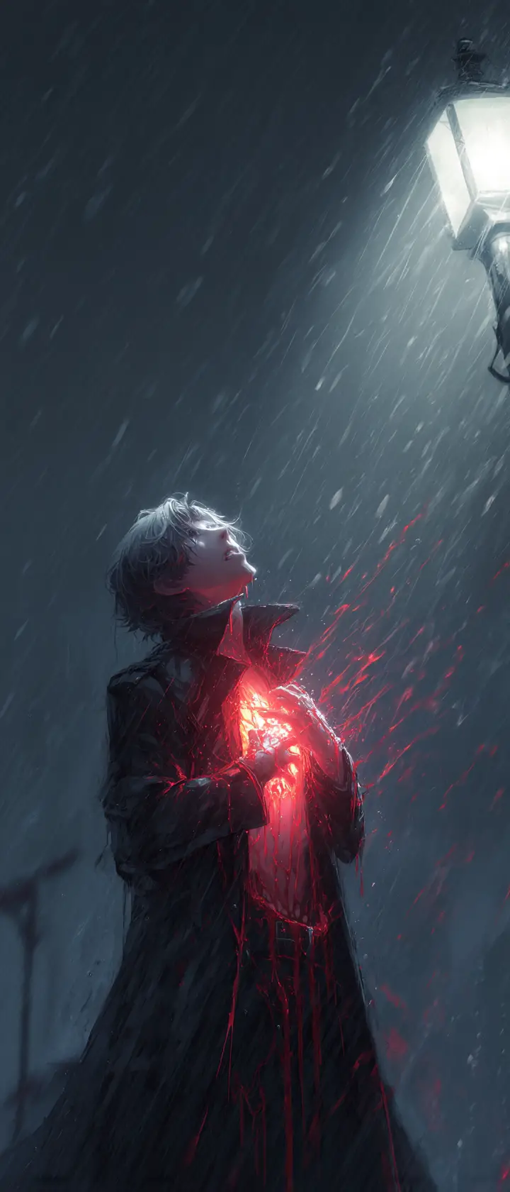 Vampire anime man under streetlight in pouring rain