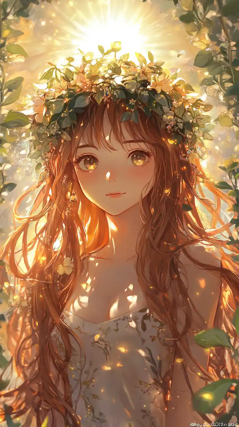 Anime-Waldmädchen mit Blumenkraone und leuchtendem Heiligenschein