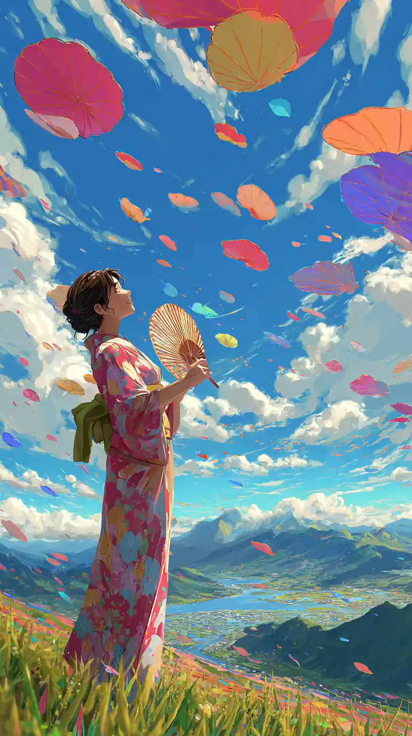 Joyful woman in kimono among swirling paper fans