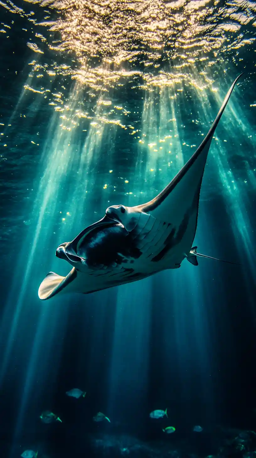 Manta ray gliding through golden sunlight in deep blue water