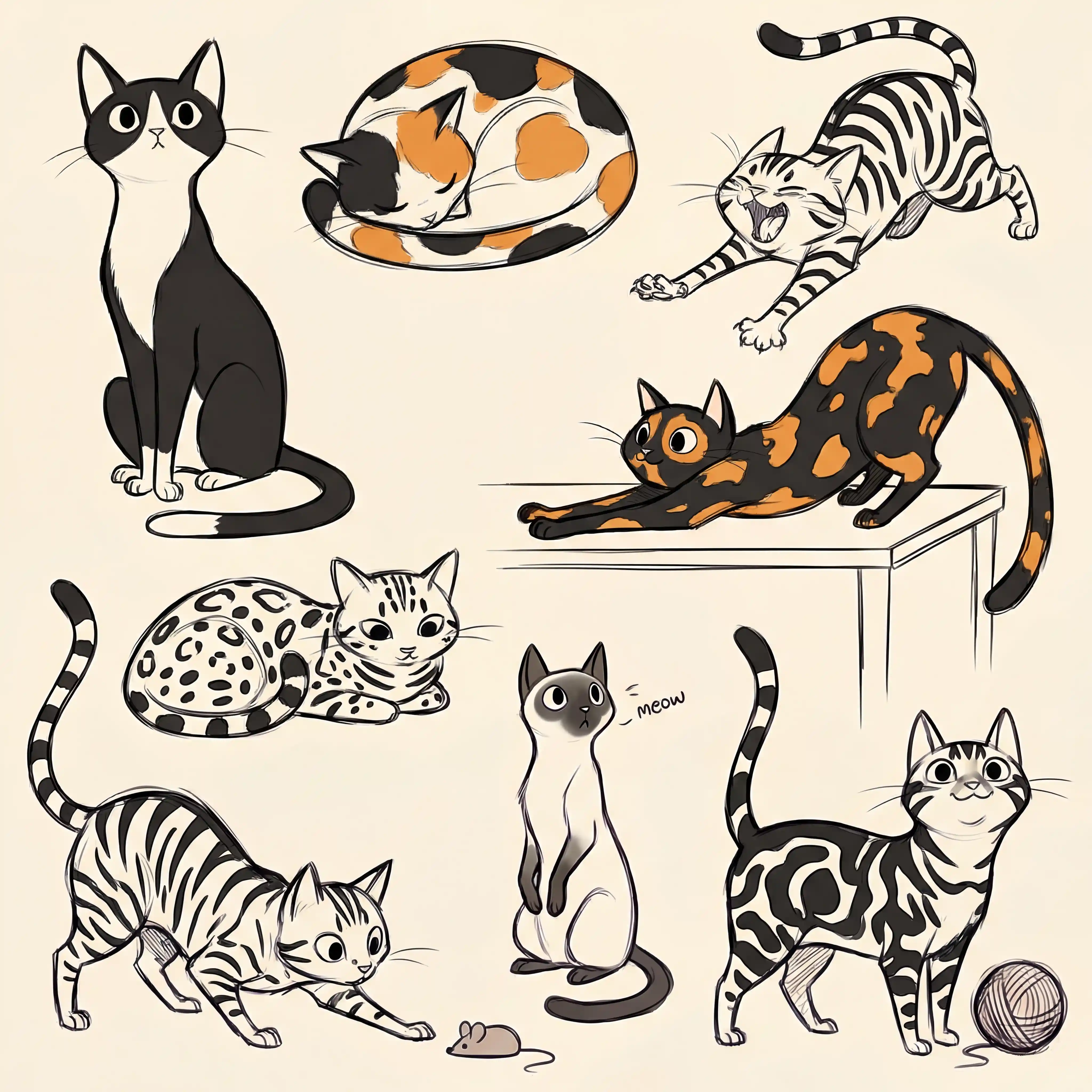 Black and white outline cats coloring page illustration