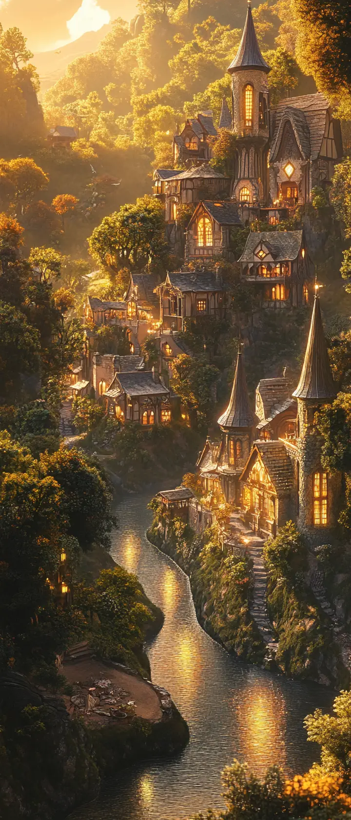 Whimsical Rivendell Town At Golden Hour By A Stream