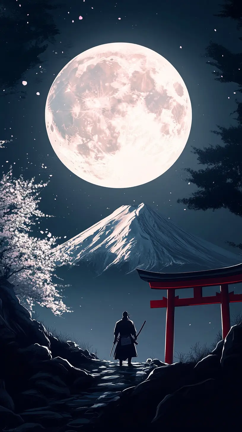 Lone samurai before mount fuji and full moon
