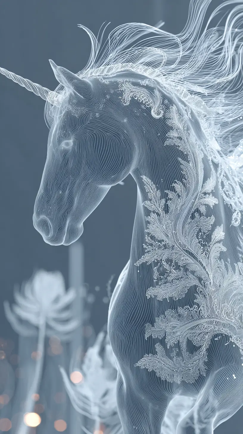 Ethereal unicorn line art with romantic dreamy atmosphere