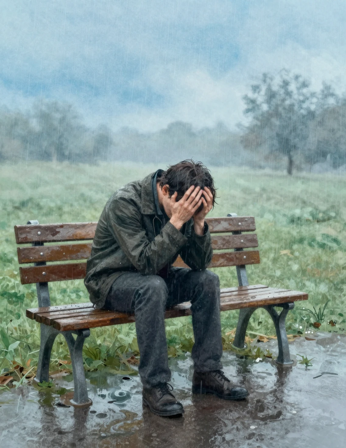 雨中長椅上的憂鬱男子與水彩天空