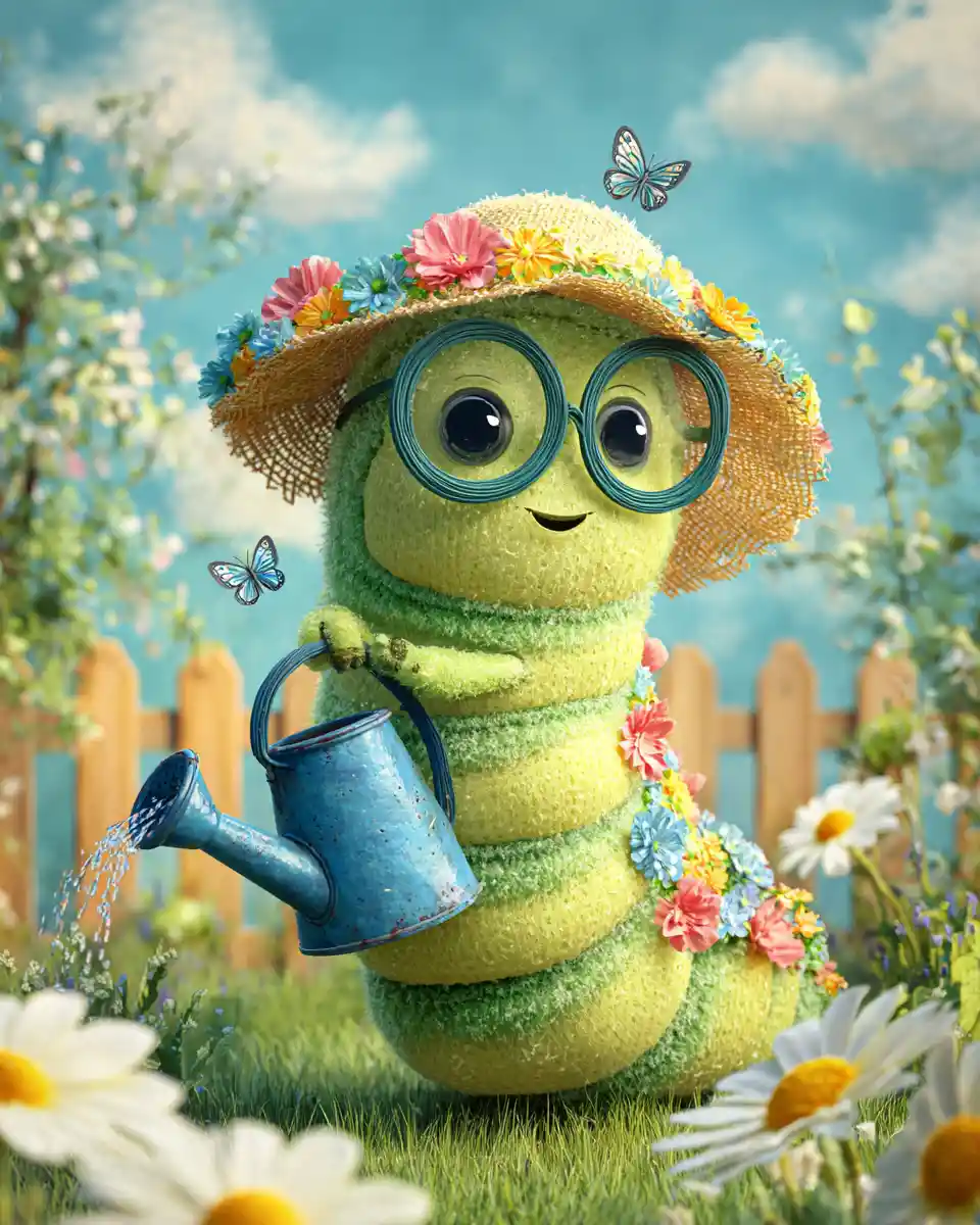 Cheerful Green Caterpillar Watering Flowers In Sunny Garden