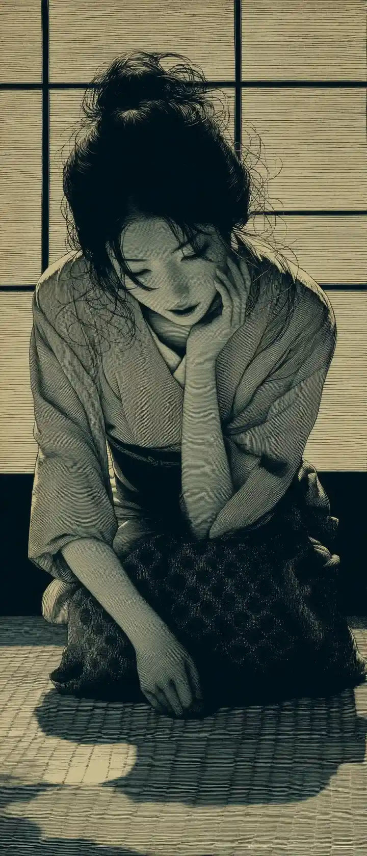 Young woman sitting on tatami in moonlit traditional room