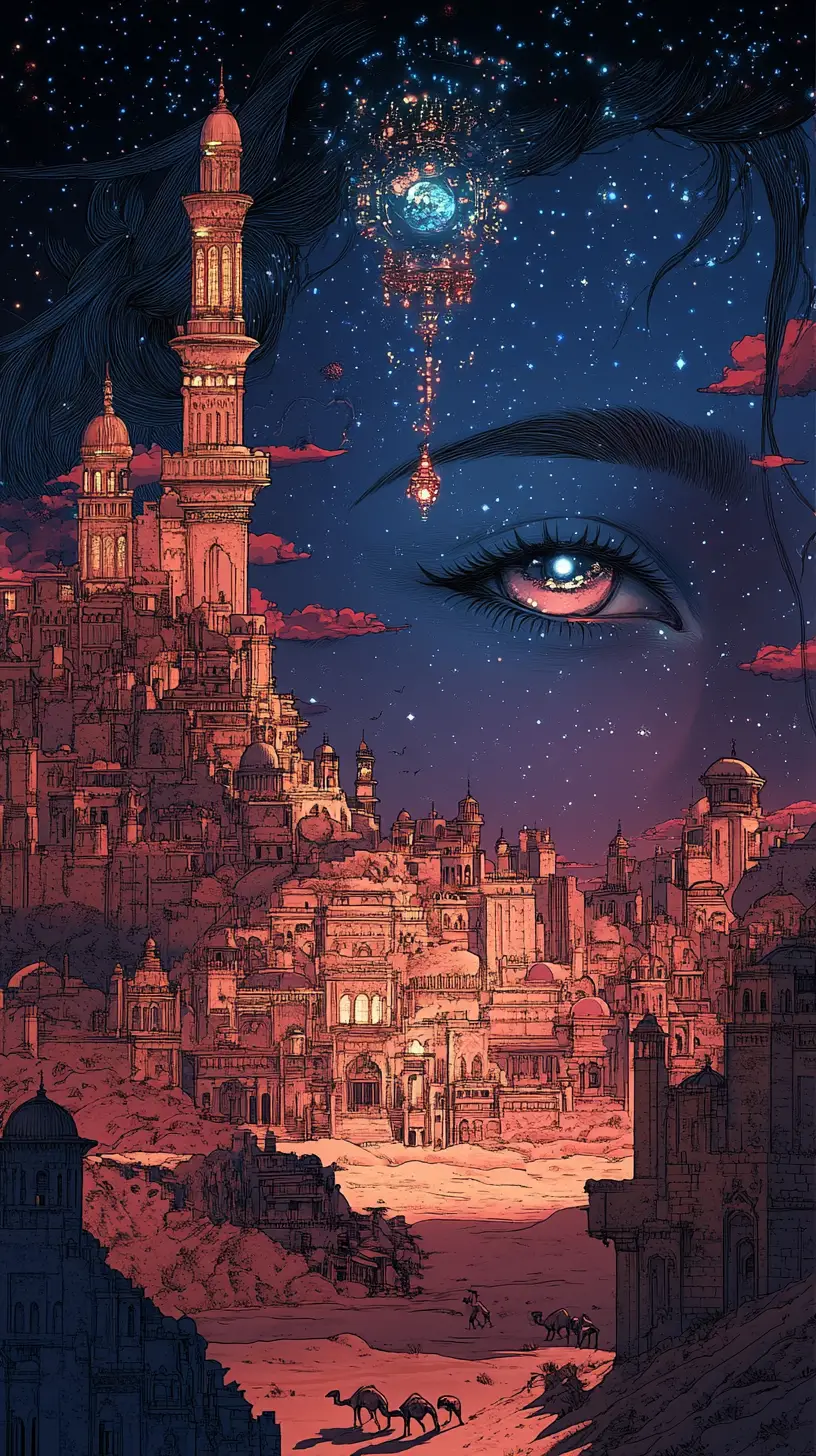 Ethereal oriental woman in the night sky above desert