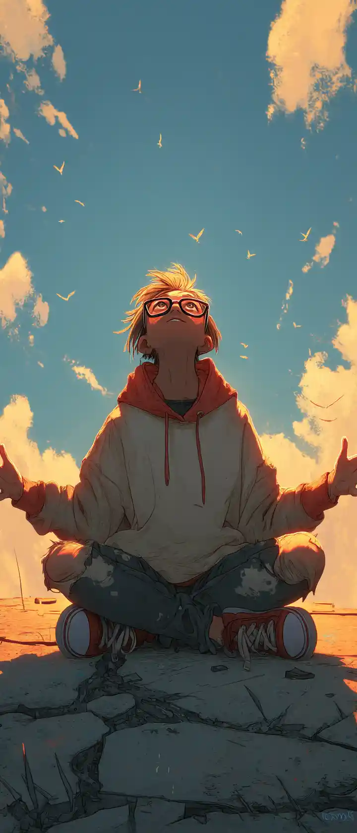 Teenage boy on cracked rooftop under warm evening sky