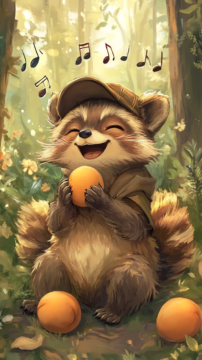 Cheerful raccoon singing with apricot in spring forest