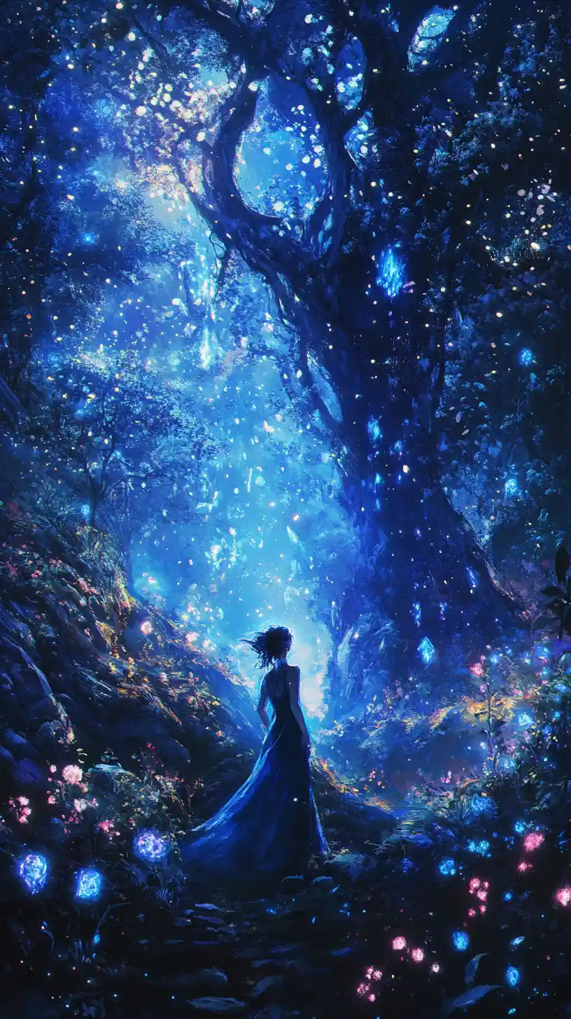 Ethereal elf woman in glowing fantasy landscape