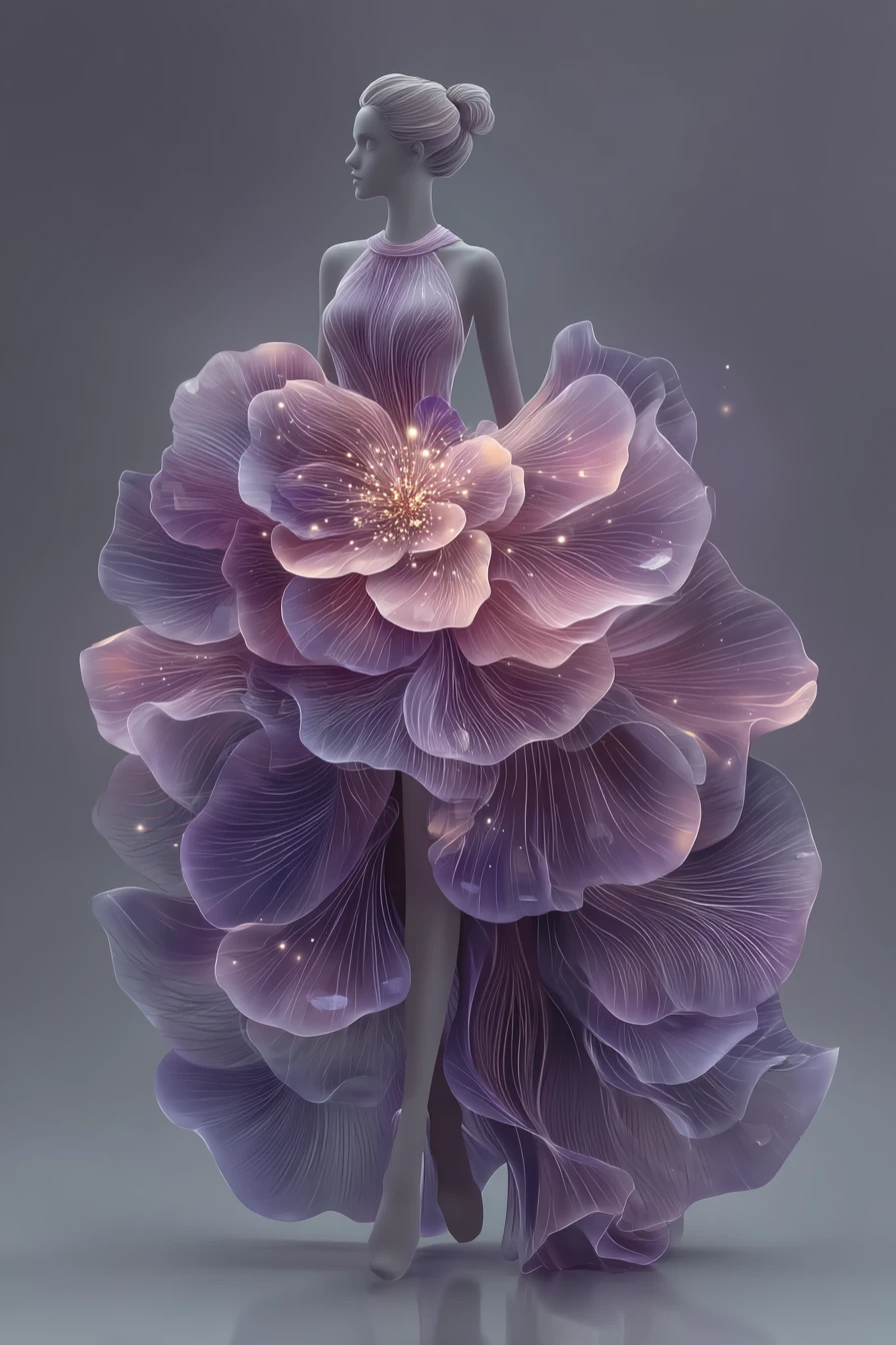 Zarte Modenschau-Illustration mit fließendem Orchideen-Kleid