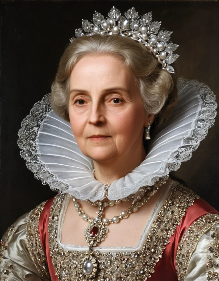 Elderly noblewoman in opulent seventeenth century baroque portrait