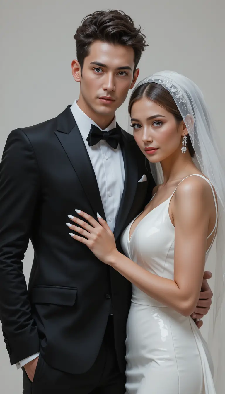 Bride and groom in black suit and white leather wedding dress