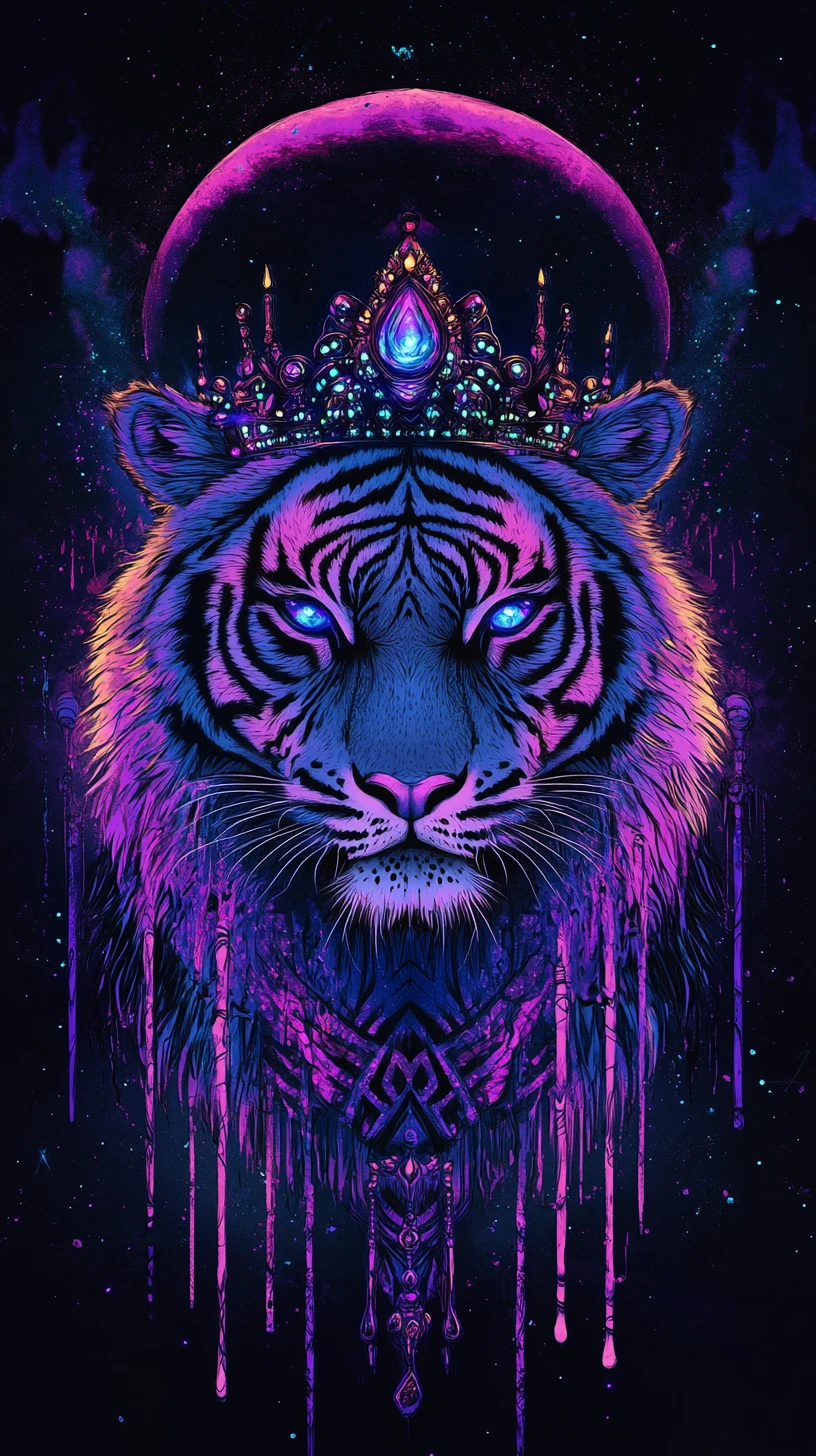 Regal neon tiger portrait with glowing jeweled crown
