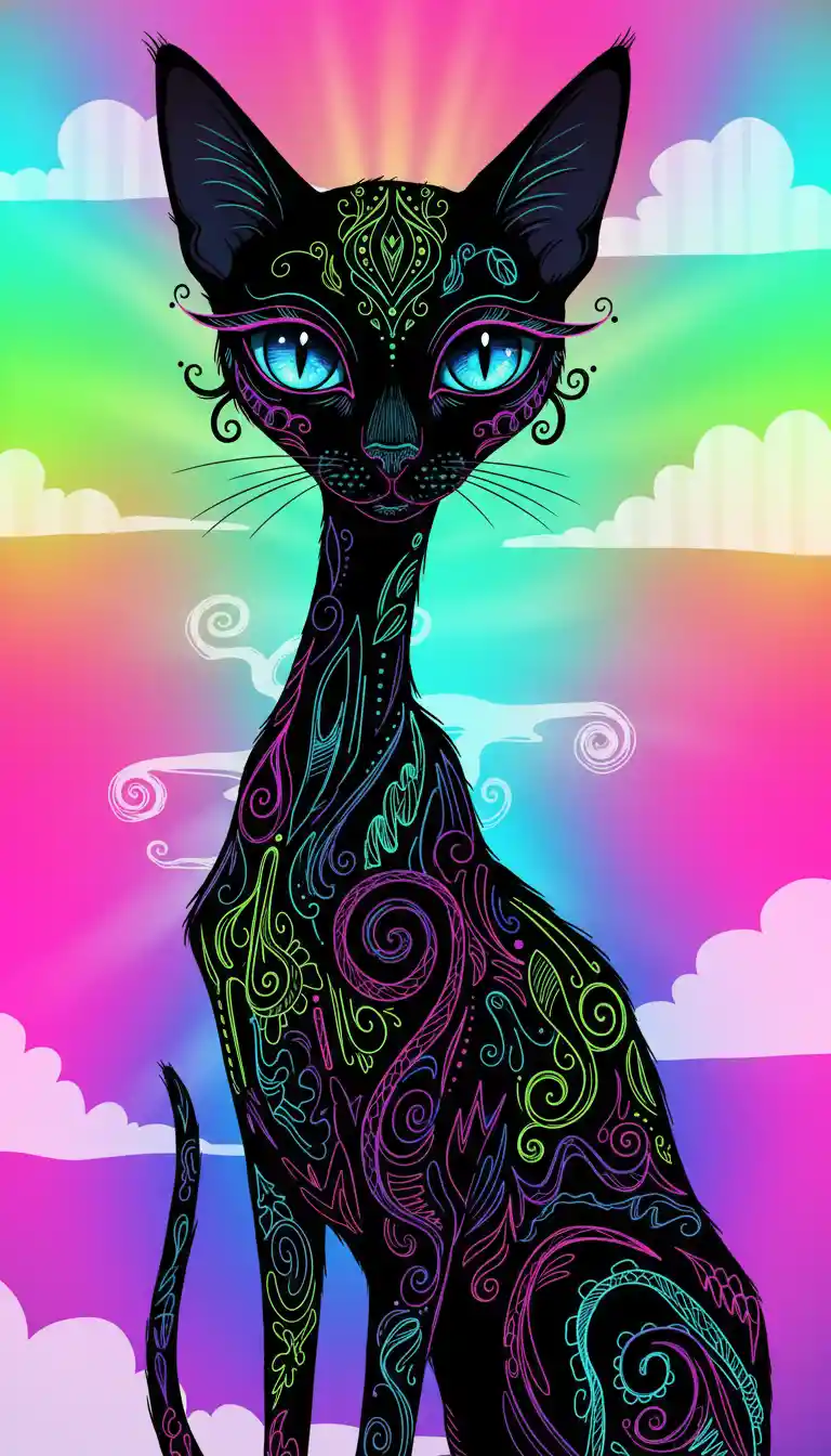 Skinny black siamese cat with neon doodle patterns